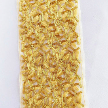Beige Sheer Tissue Fabric Trim With Cotton Thread Embroidery In Light Green And Antique Gold, Fabric Lace, Embroidered Trim